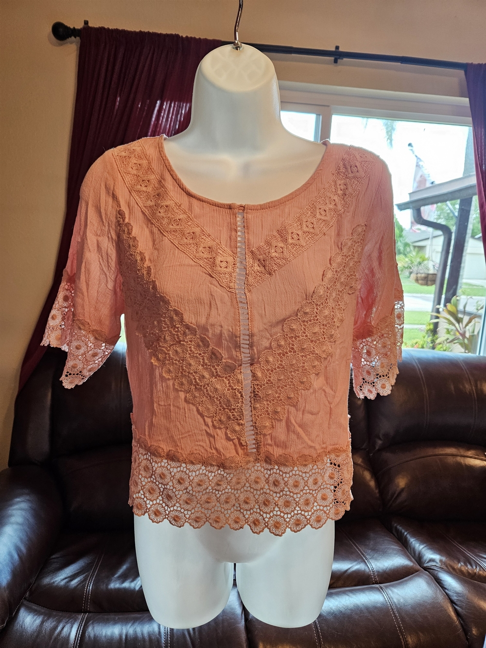 Women's Self E Pink Embroidered Lace Trim Top